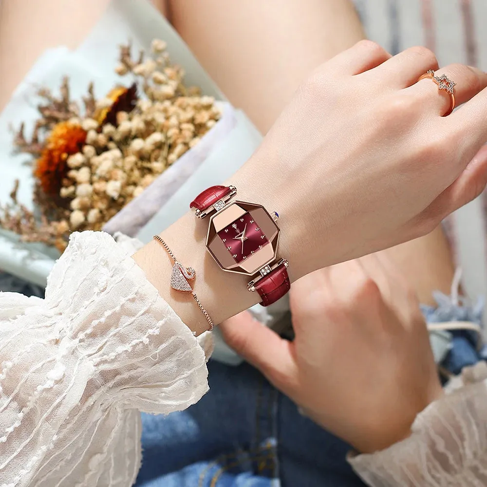 2022 Luxury Quartz Watch Girl's Elegant Fashion Red Dial Waterproof Ladies Leather Watches Women High Quality Zegarek Damski Hot