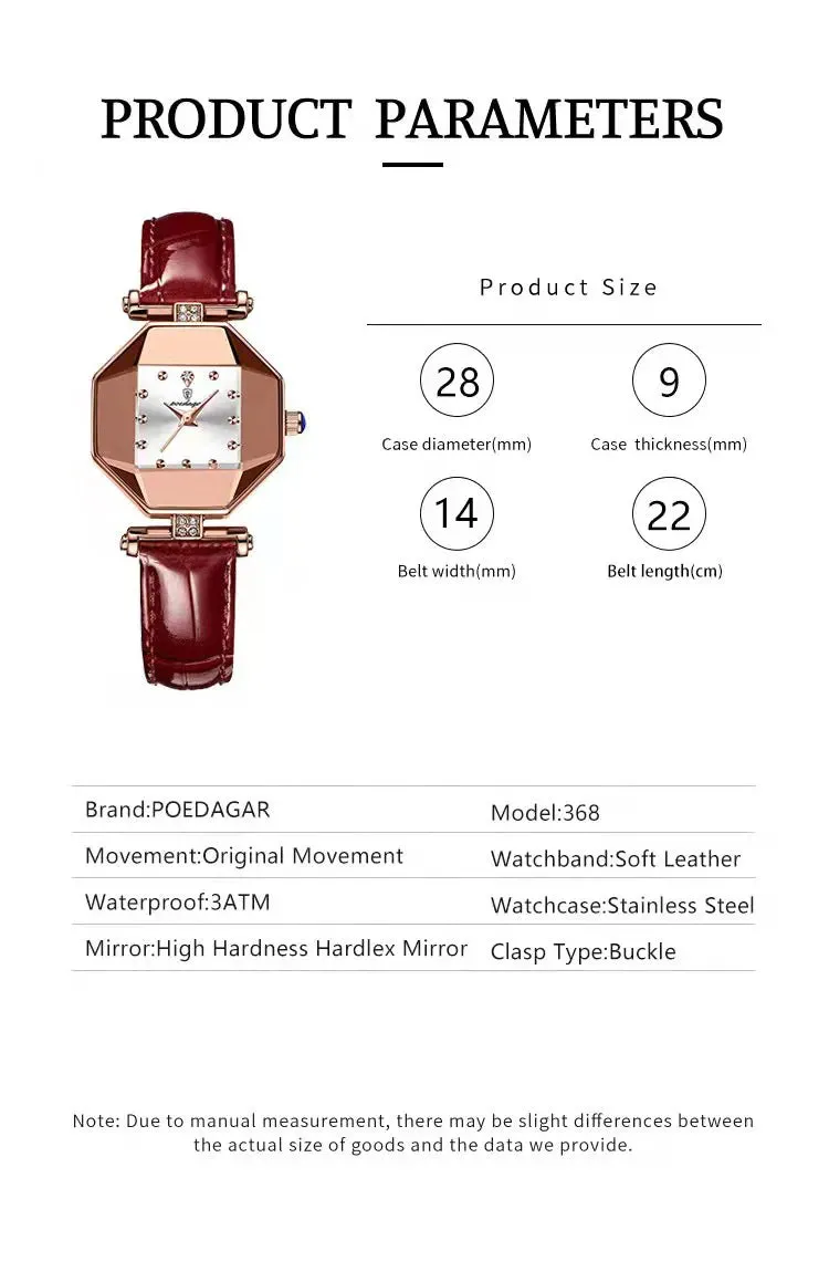 2022 Luxury Quartz Watch Girl's Elegant Fashion Red Dial Waterproof Ladies Leather Watches Women High Quality Zegarek Damski Hot