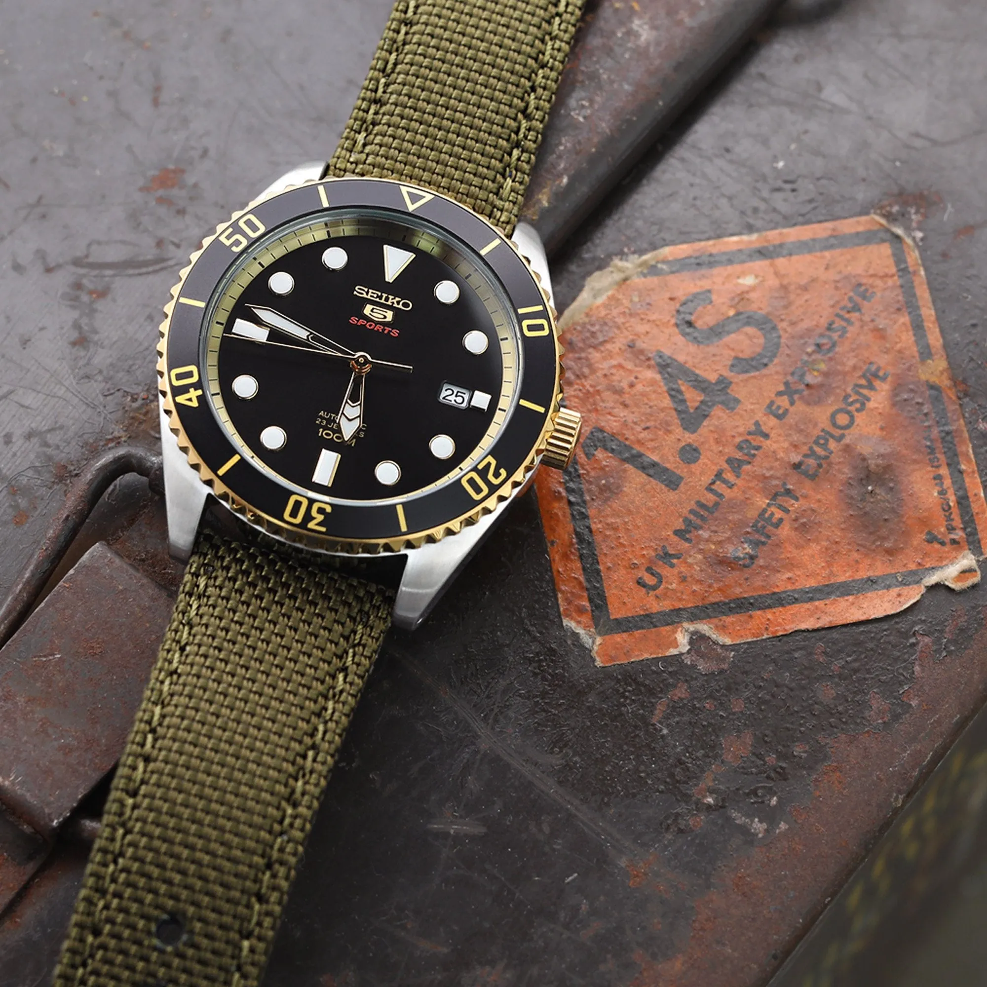 20mm, 21mm or 22mm Strong Texture Woven Nylon Military Green Watch Strap, Polished