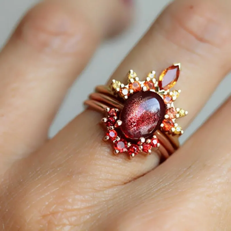 3 Pcs/set Stylish Women Stackable Rings Ruby Crystal Flower Charm Bohemian Ring Sets for Women