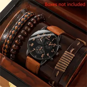 4-Piece Men's Business Quartz Watch Set – Analog Leather Watch & Bracelet