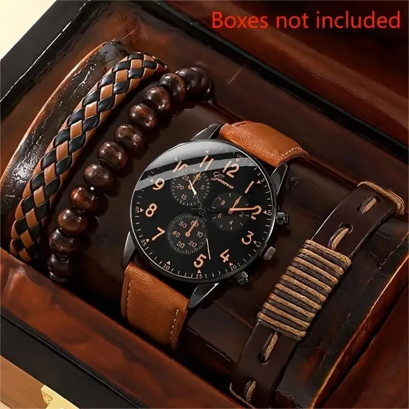 4-Piece Men's Business Quartz Watch Set – Analog Leather Watch & Bracelet