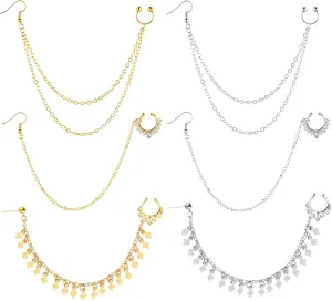 6 Pieces Nose Rings Hoop Chain Diamond-studded Double-layer Septum Non Piercing Nose Hoop Ring Chain Dangle Earrings for Women Girls