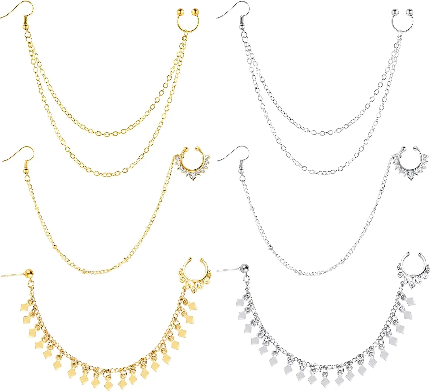 6 Pieces Nose Rings Hoop Chain Diamond-studded Double-layer Septum Non Piercing Nose Hoop Ring Chain Dangle Earrings for Women Girls