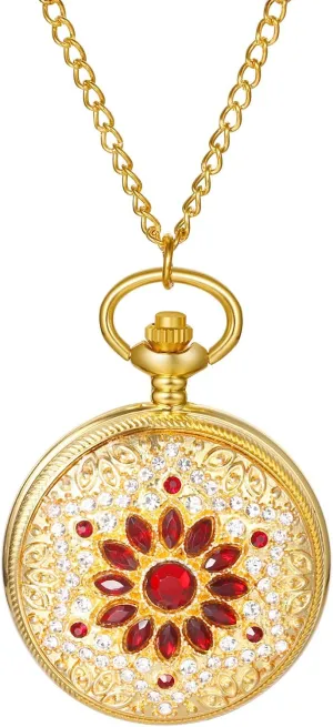 Avaner Gold Rhinestone Pocket Watches: Analog Quartz Bling Necklace Watches Pendant with Chain for Men and Women