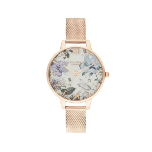 Bejewelled Florals Silver Glitter Dial & Rose Gold Mesh Watch