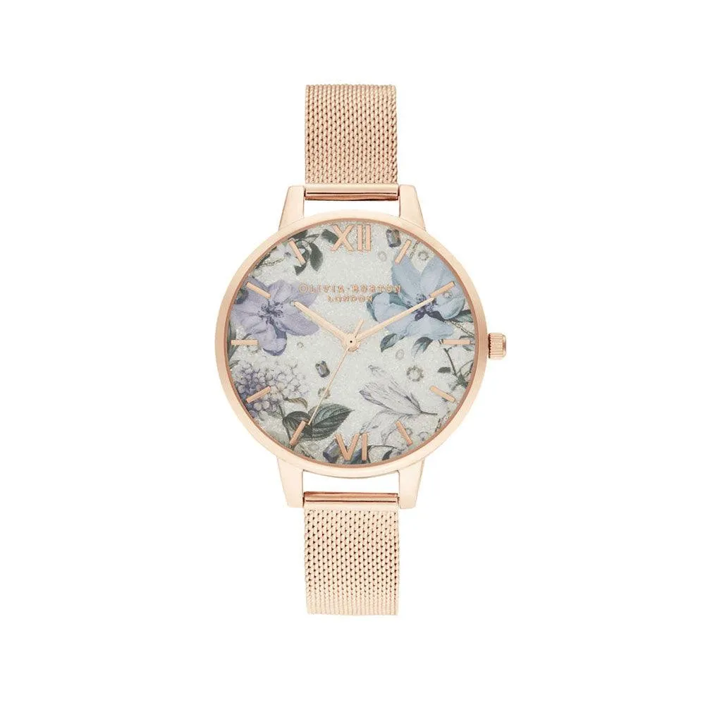 Bejewelled Florals Silver Glitter Dial & Rose Gold Mesh Watch