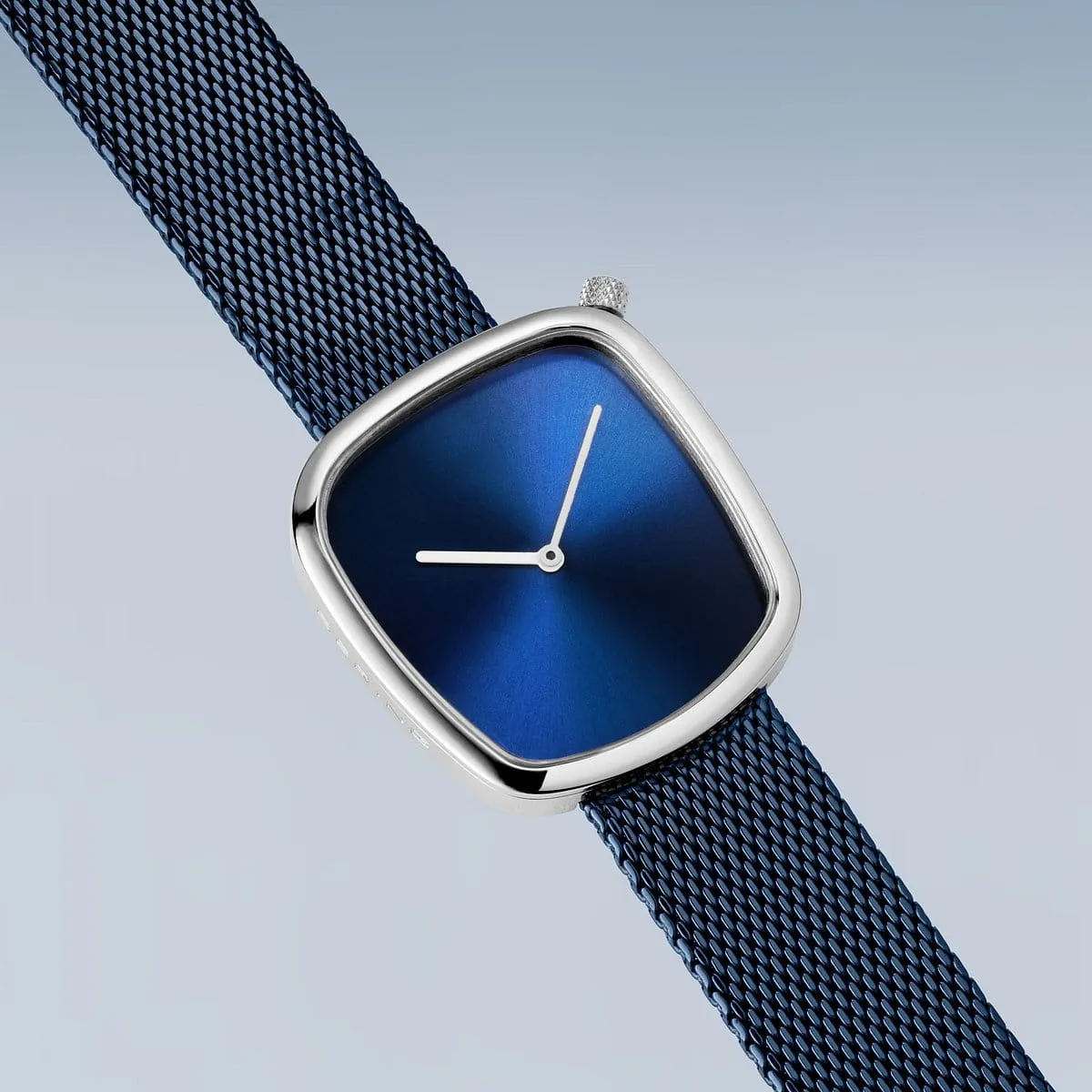Bering Blue Stainless Steel Mesh Pebble Watch with Blue Dial