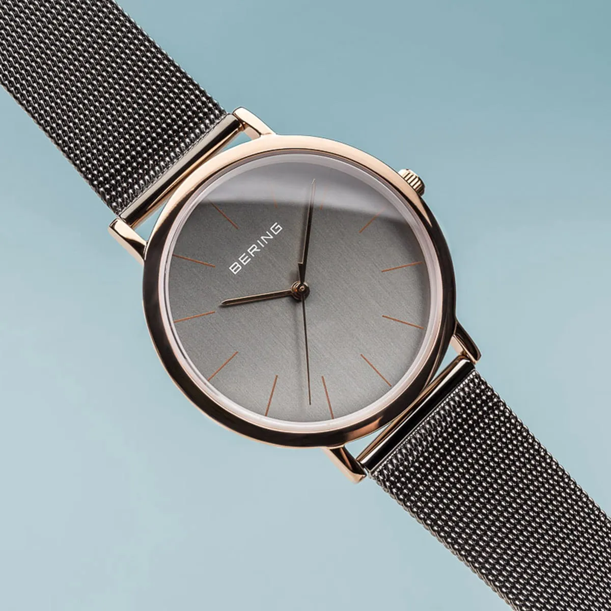 Bering Classic Rose Gold & Grey Slim Mesh Watch