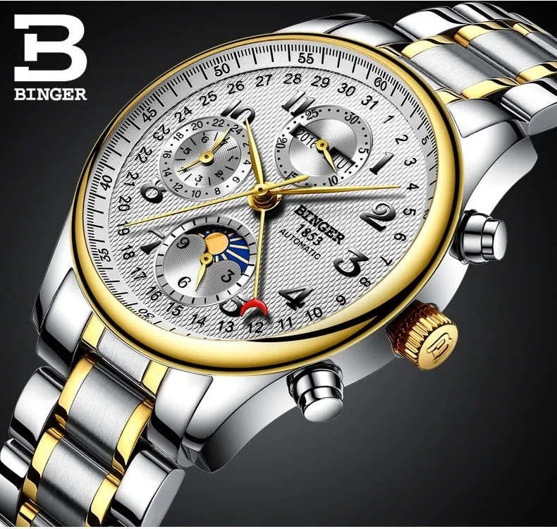 Binger Swiss Moon Phase Mechanical Watch Men B 603-8