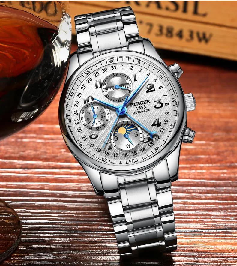 Binger Swiss Moon Phase Mechanical Watch Men B 603-8