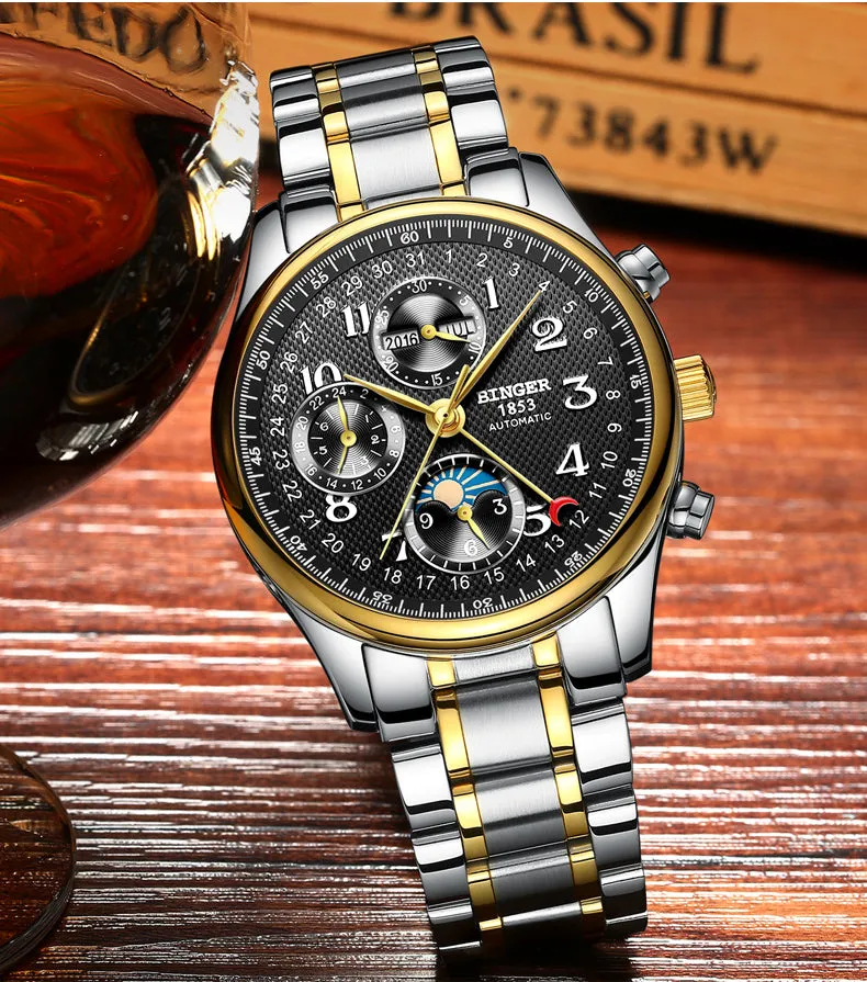 Binger Swiss Moon Phase Mechanical Watch Men B 603-8