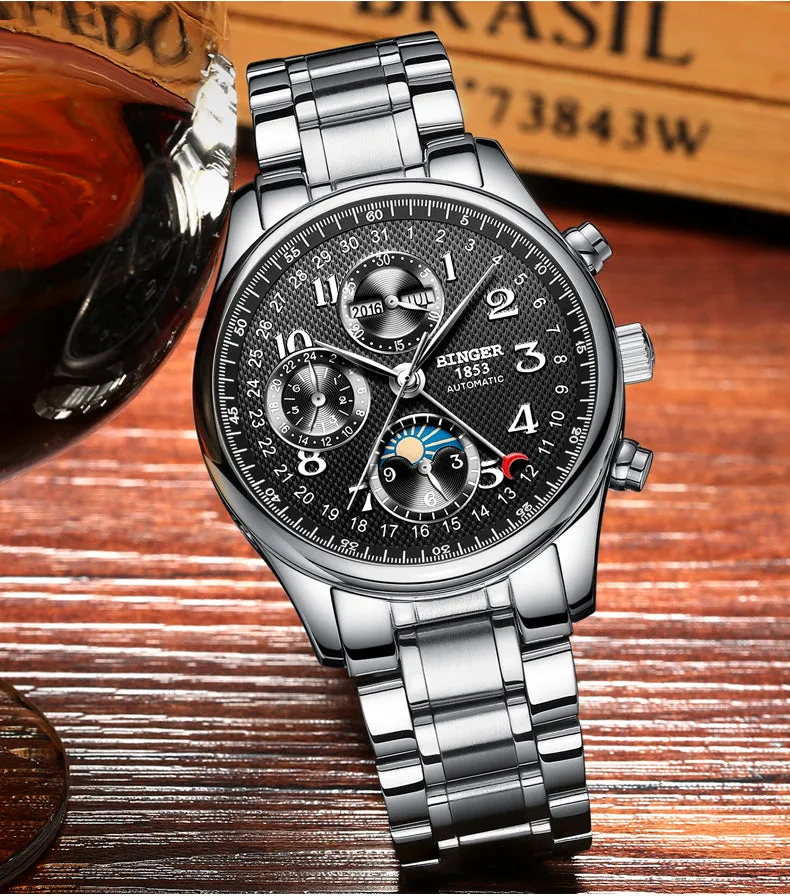 Binger Swiss Moon Phase Mechanical Watch Men B 603-8