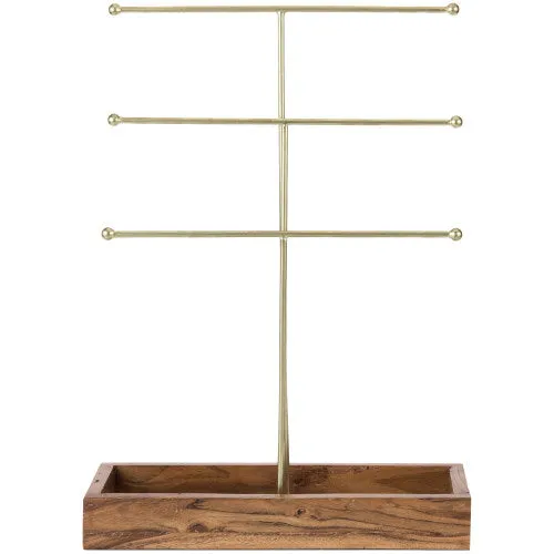 Brass Metal Jewelry Stand w/ Acacia Wood Ring Tray