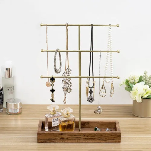 Brass Metal Jewelry Stand w/ Acacia Wood Ring Tray