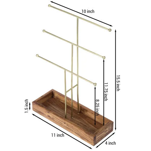 Brass Metal Jewelry Stand w/ Acacia Wood Ring Tray