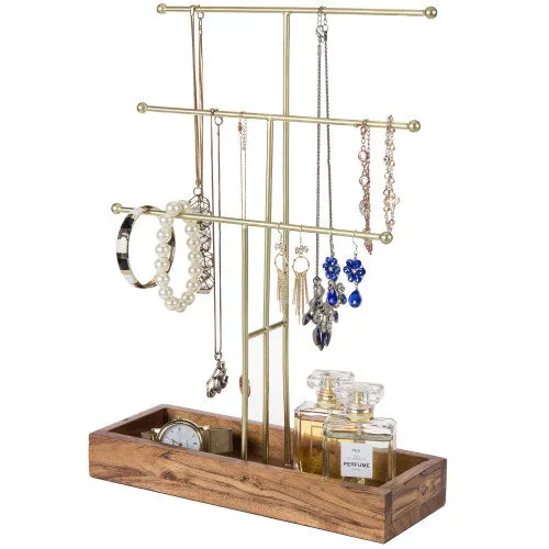 Brass Metal Jewelry Stand w/ Acacia Wood Ring Tray