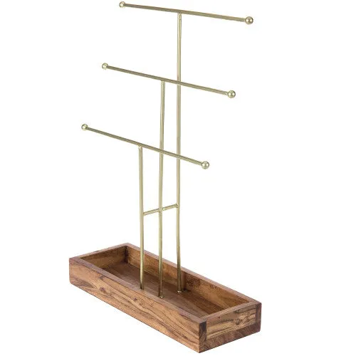 Brass Metal Jewelry Stand w/ Acacia Wood Ring Tray