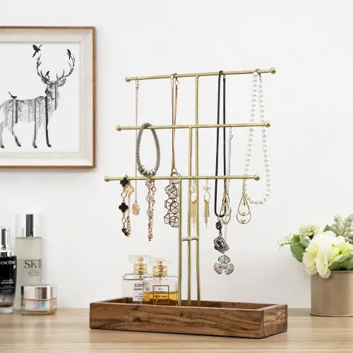 Brass Metal Jewelry Stand w/ Acacia Wood Ring Tray