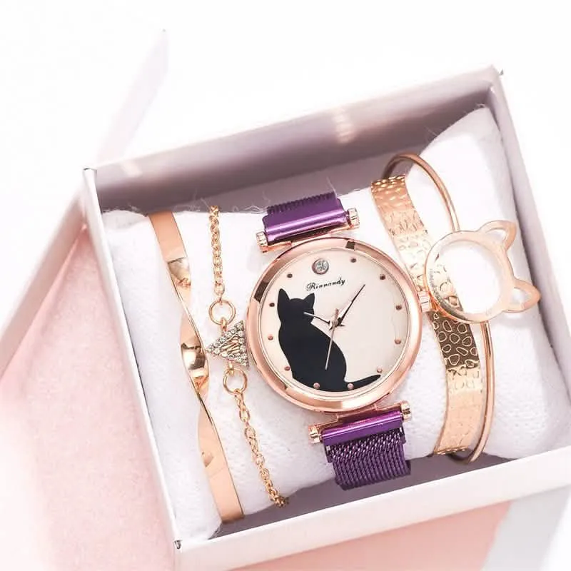Charming Whimsical Cat Quartz Watch for Women with Elegant Alloy Mesh Band