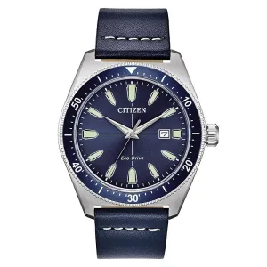 Citizen Brycen Eco Drive Mens Blue Leather Band Blue Quartz Dial Watch - AW1591-01L