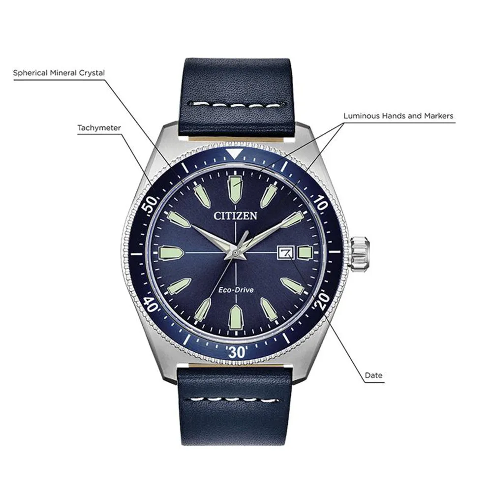 Citizen Brycen Eco Drive Mens Blue Leather Band Blue Quartz Dial Watch - AW1591-01L