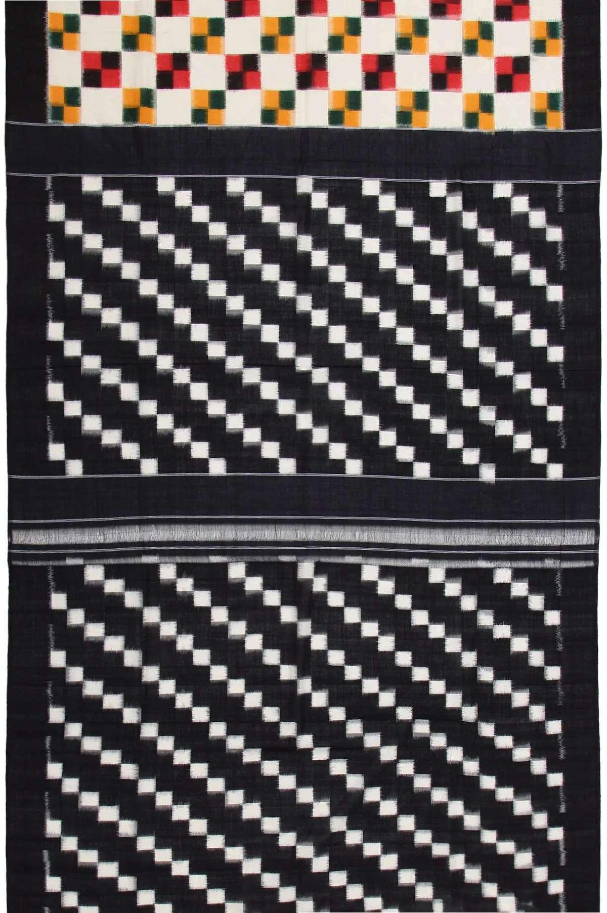 Cream Ikat Cotton Saree with Black Open Border and Square Butta