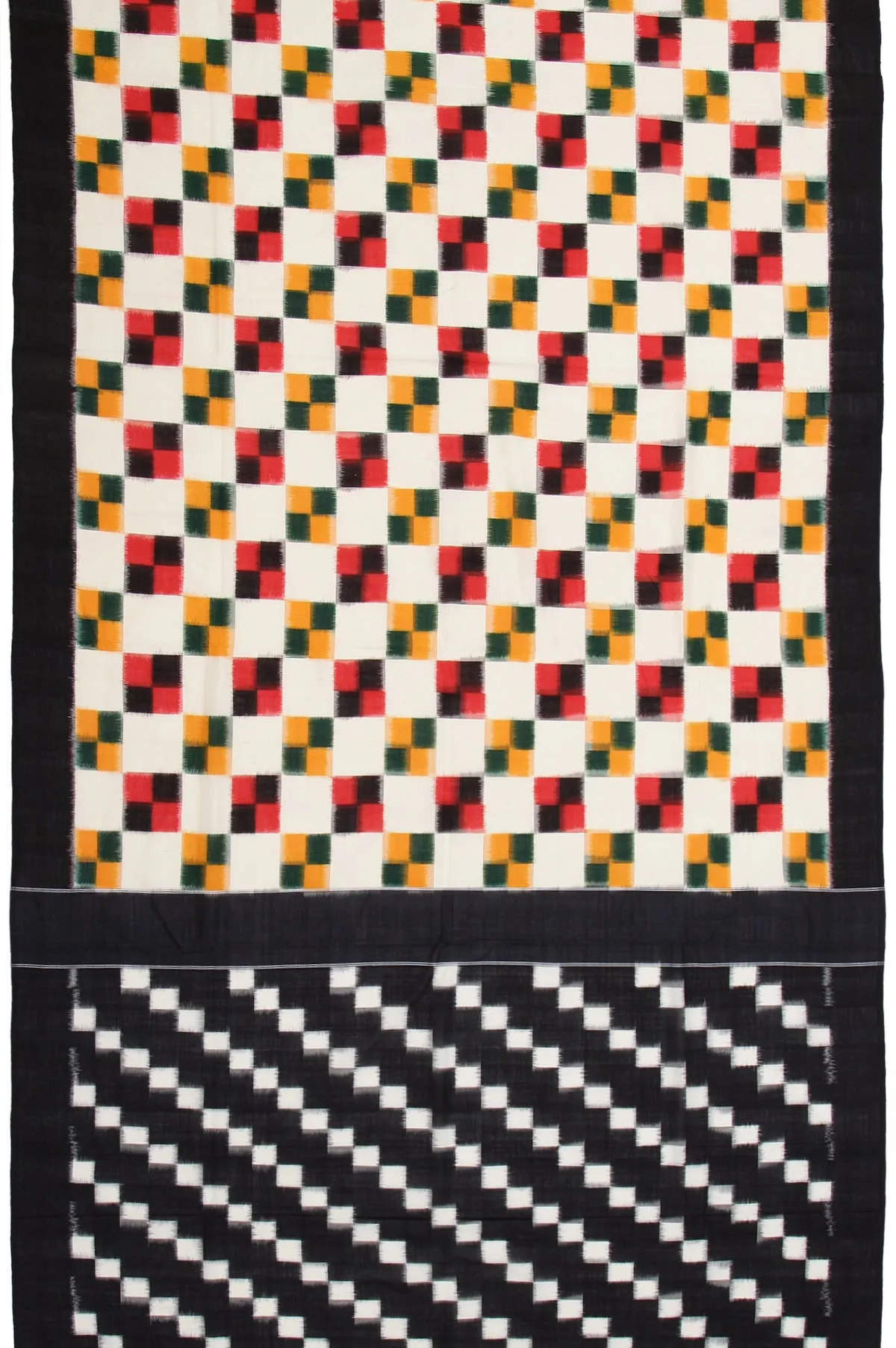 Cream Ikat Cotton Saree with Black Open Border and Square Butta