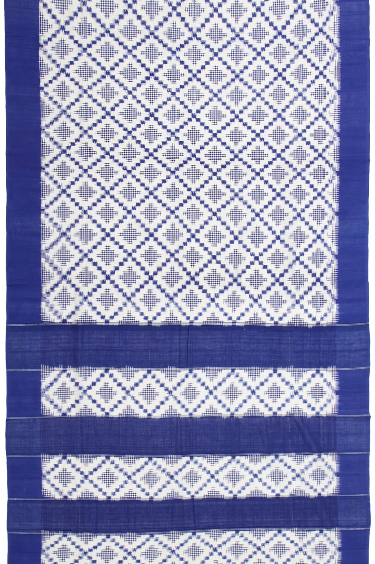 Cream Ikat Cotton Saree with Blue Open Border and Rangoli Butta