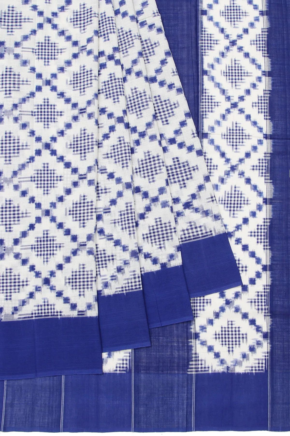 Cream Ikat Cotton Saree with Blue Open Border and Rangoli Butta