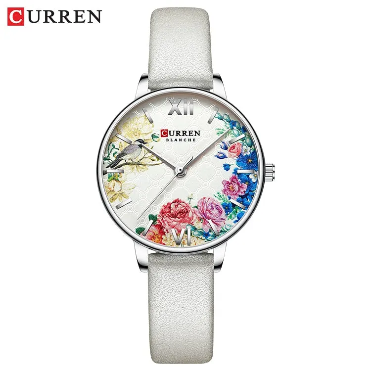 CURREN Women Quartz Watches Elegant Charming Wristwatch for Ladies Stianless Steel Mesh Band Flower Clock Female