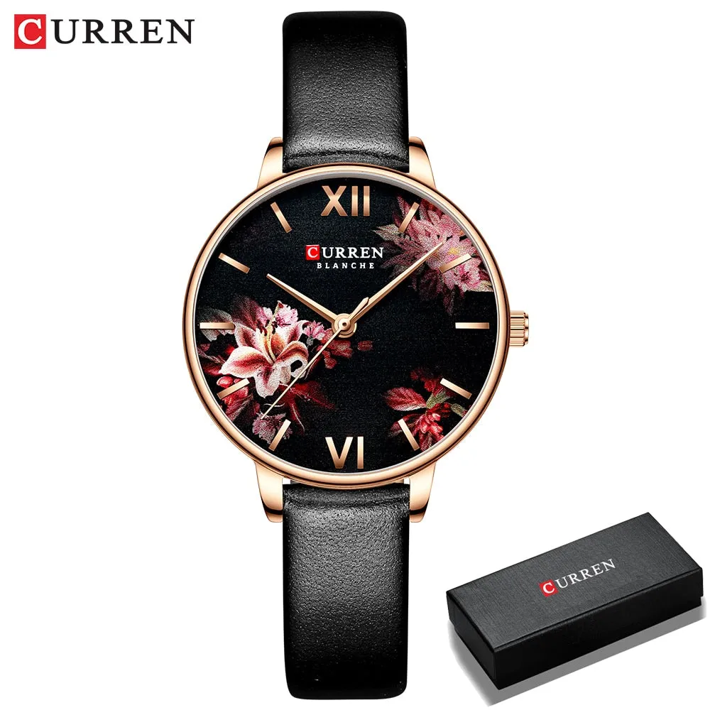 CURREN Women Quartz Watches Elegant Charming Wristwatch for Ladies Stianless Steel Mesh Band Flower Clock Female
