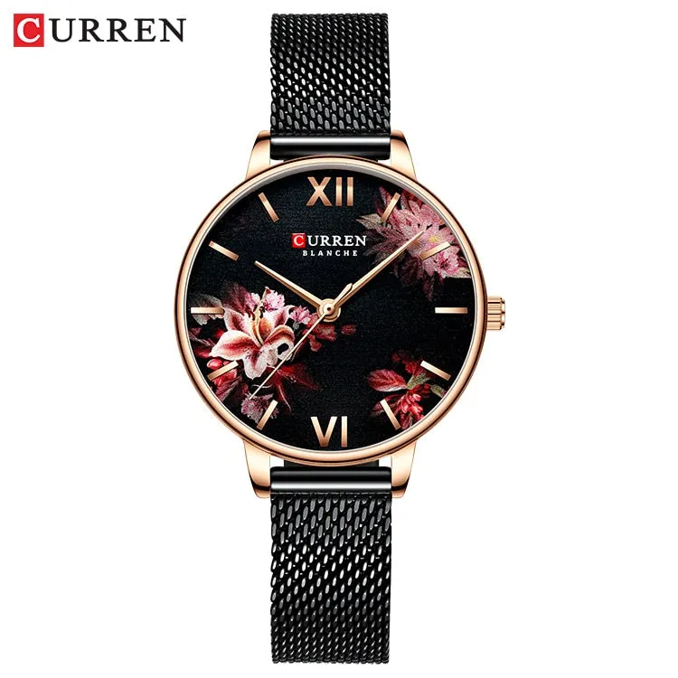 CURREN Women Quartz Watches Elegant Charming Wristwatch for Ladies Stianless Steel Mesh Band Flower Clock Female