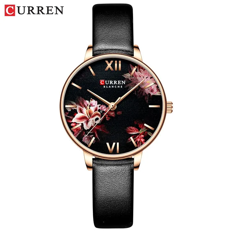 CURREN Women Quartz Watches Elegant Charming Wristwatch for Ladies Stianless Steel Mesh Band Flower Clock Female
