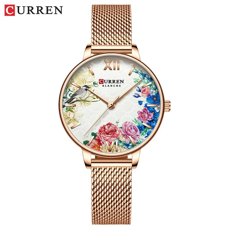 CURREN Women Quartz Watches Elegant Charming Wristwatch for Ladies Stianless Steel Mesh Band Flower Clock Female