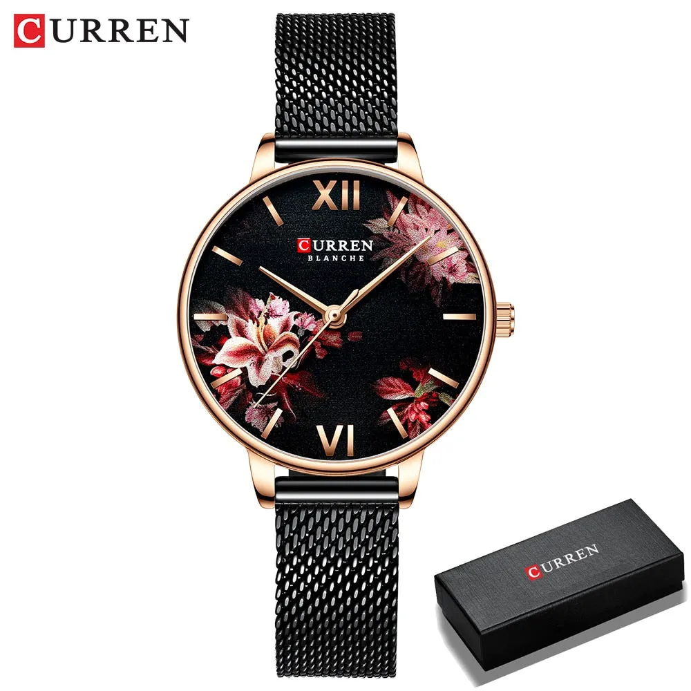CURREN Women Quartz Watches Elegant Charming Wristwatch for Ladies Stianless Steel Mesh Band Flower Clock Female