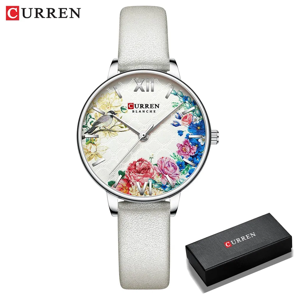CURREN Women Quartz Watches Elegant Charming Wristwatch for Ladies Stianless Steel Mesh Band Flower Clock Female