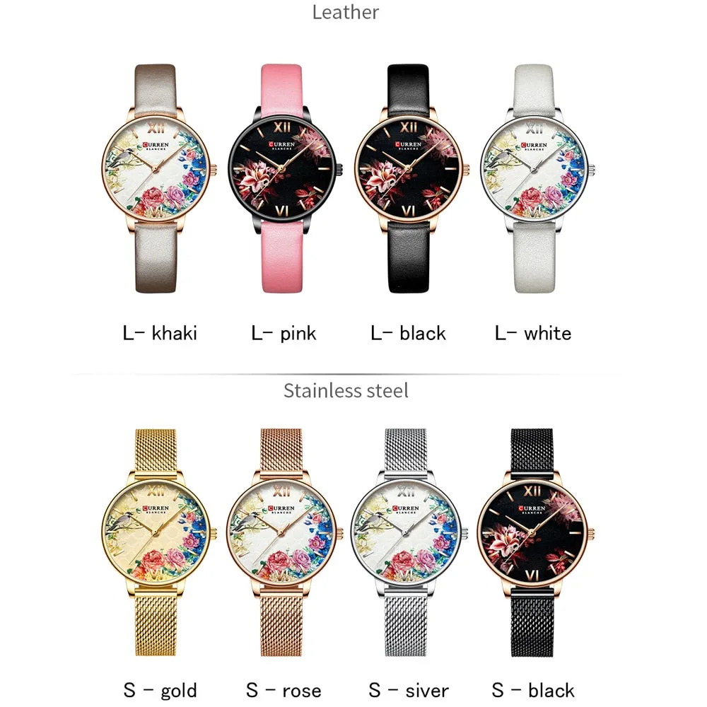 CURREN Women Quartz Watches Elegant Charming Wristwatch for Ladies Stianless Steel Mesh Band Flower Clock Female