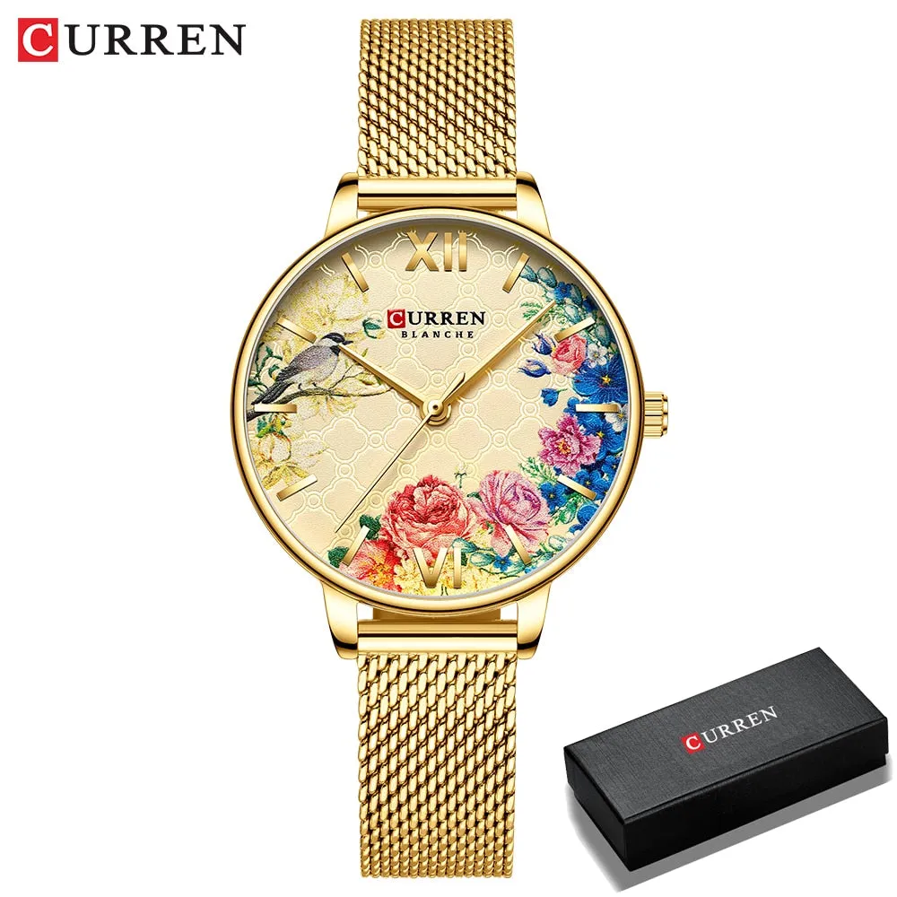 CURREN Women Quartz Watches Elegant Charming Wristwatch for Ladies Stianless Steel Mesh Band Flower Clock Female