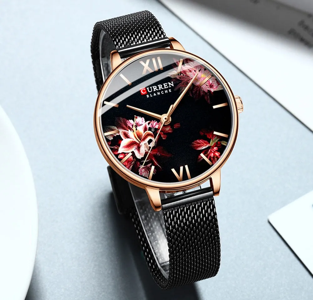 CURREN Women Quartz Watches Elegant Charming Wristwatch for Ladies Stianless Steel Mesh Band Flower Clock Female
