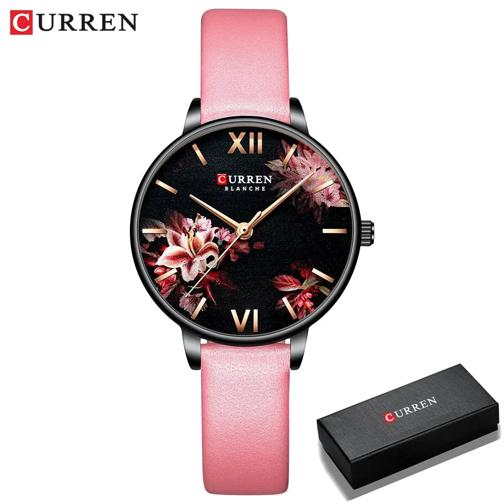 CURREN Women Quartz Watches Elegant Charming Wristwatch for Ladies Stianless Steel Mesh Band Flower Clock Female