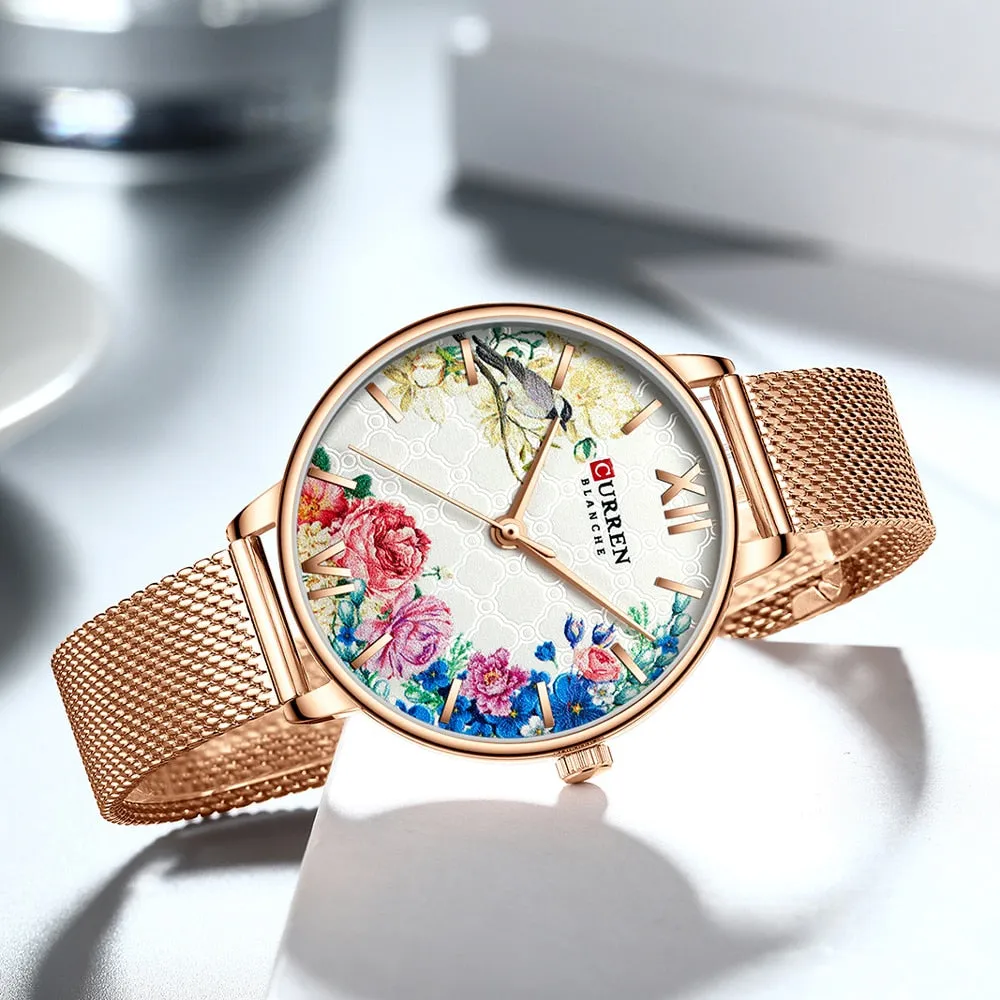 CURREN Women Quartz Watches Elegant Charming Wristwatch for Ladies Stianless Steel Mesh Band Flower Clock Female