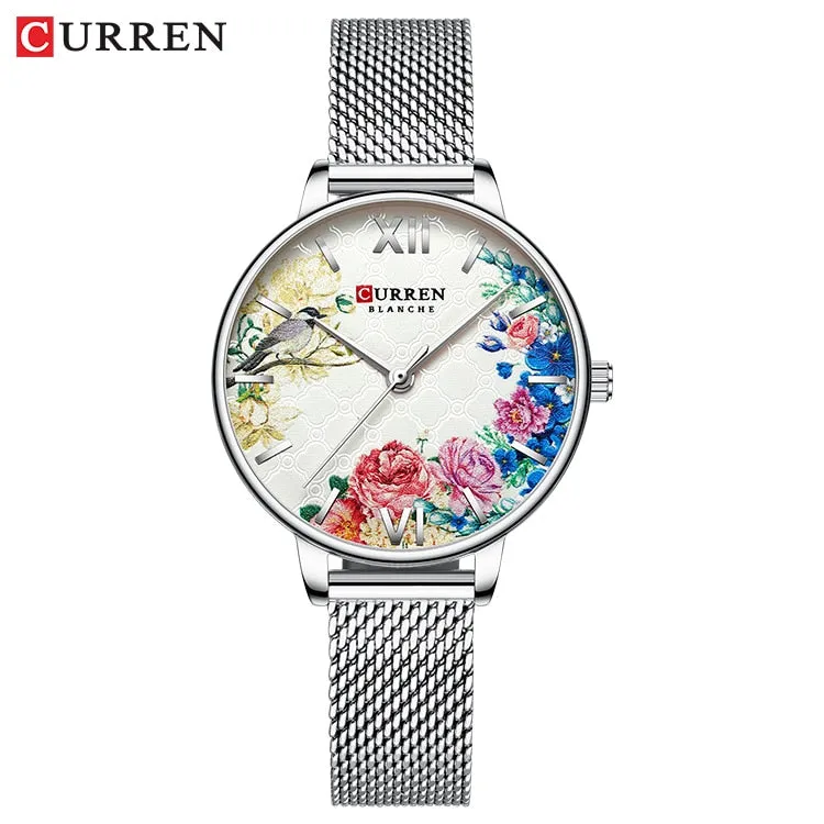 CURREN Women Quartz Watches Elegant Charming Wristwatch for Ladies Stianless Steel Mesh Band Flower Clock Female