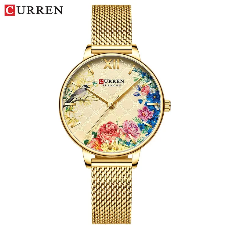CURREN Women Quartz Watches Elegant Charming Wristwatch for Ladies Stianless Steel Mesh Band Flower Clock Female