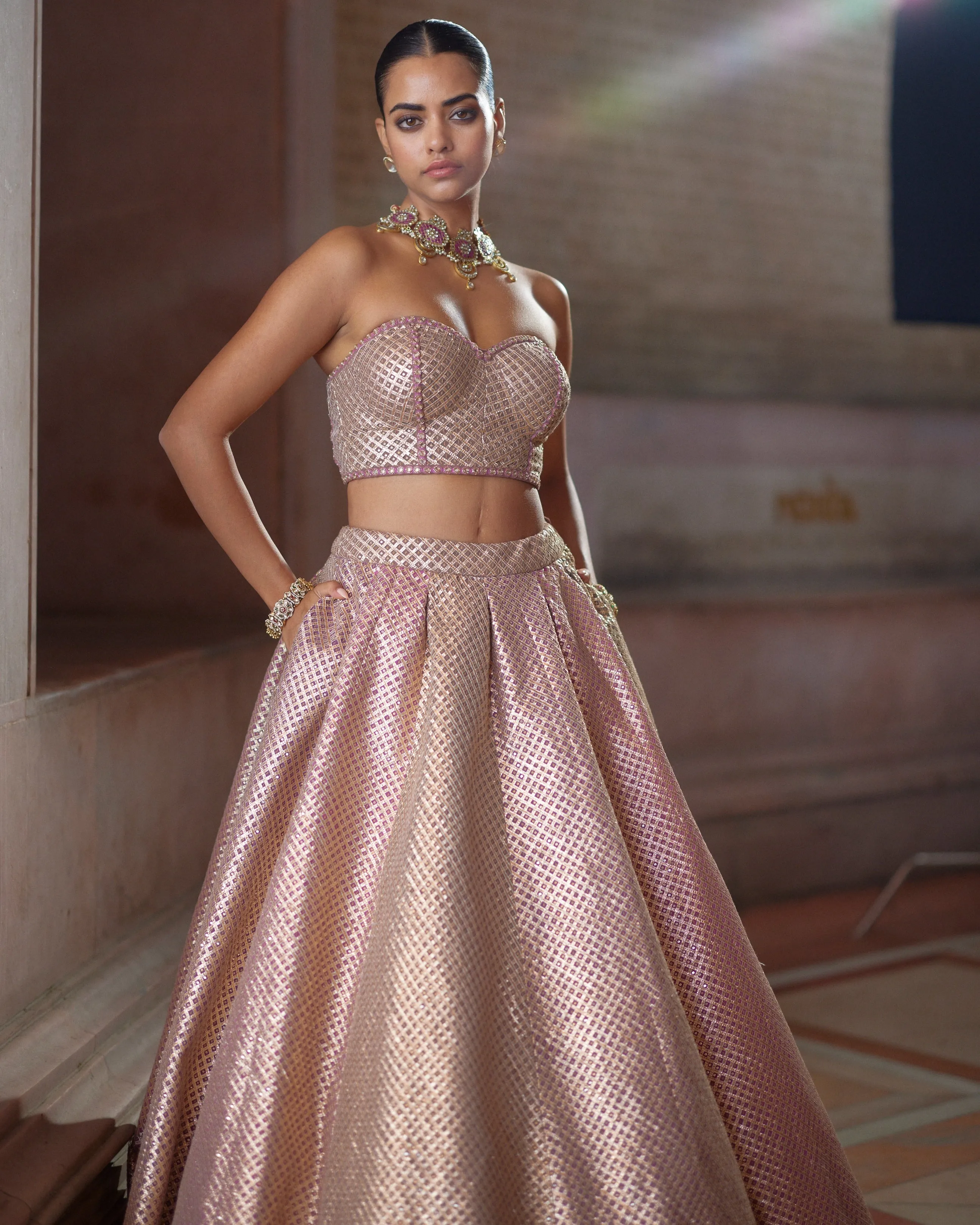 Deep Beige Multicolor Corset Skirt Set
