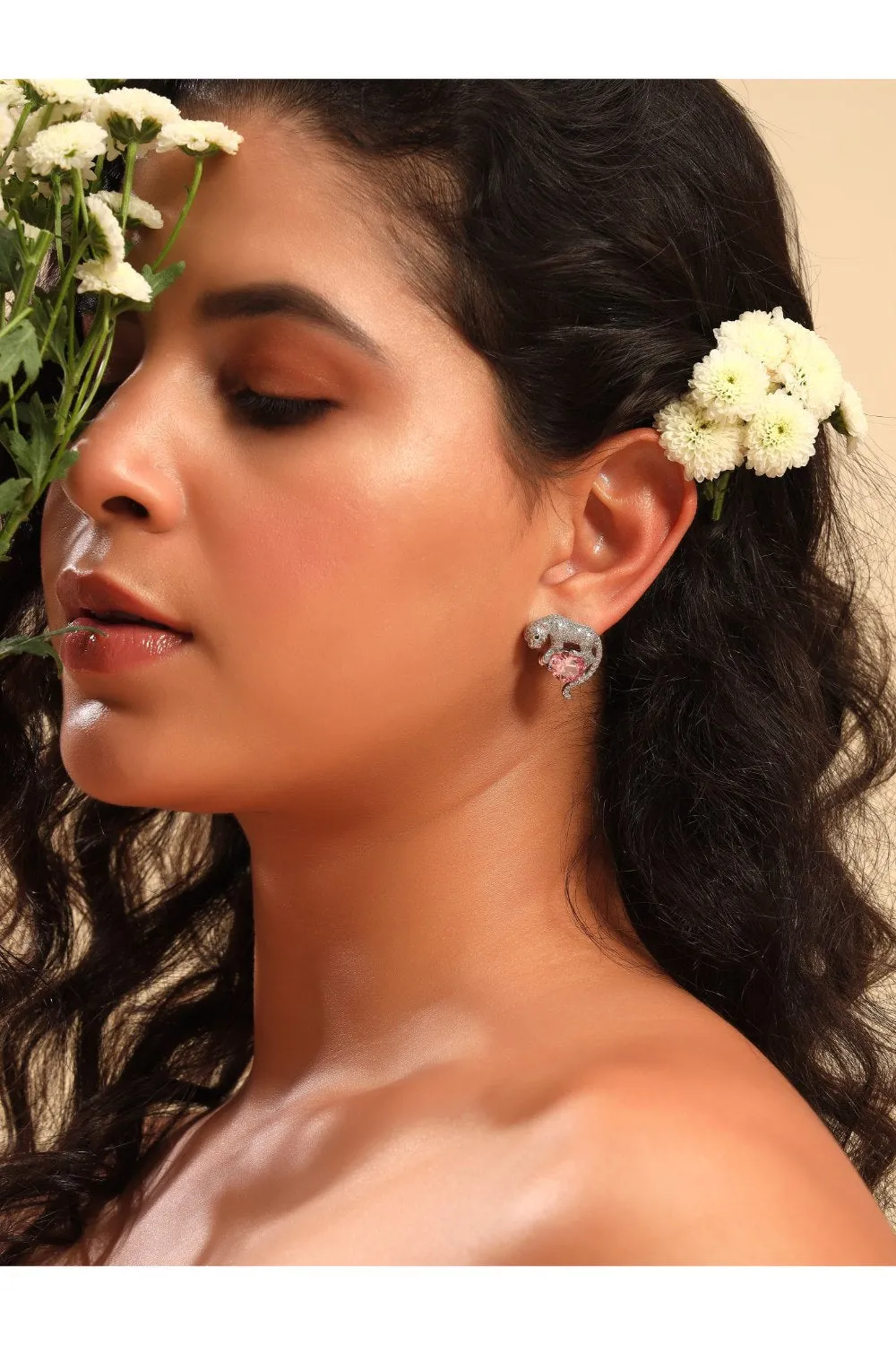 Diamond Studded Animal Pink Stone Earrings