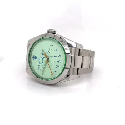 Exclusive 40mm Rolex Milgauss "Who cares I'm already late" custom dial blue font II
