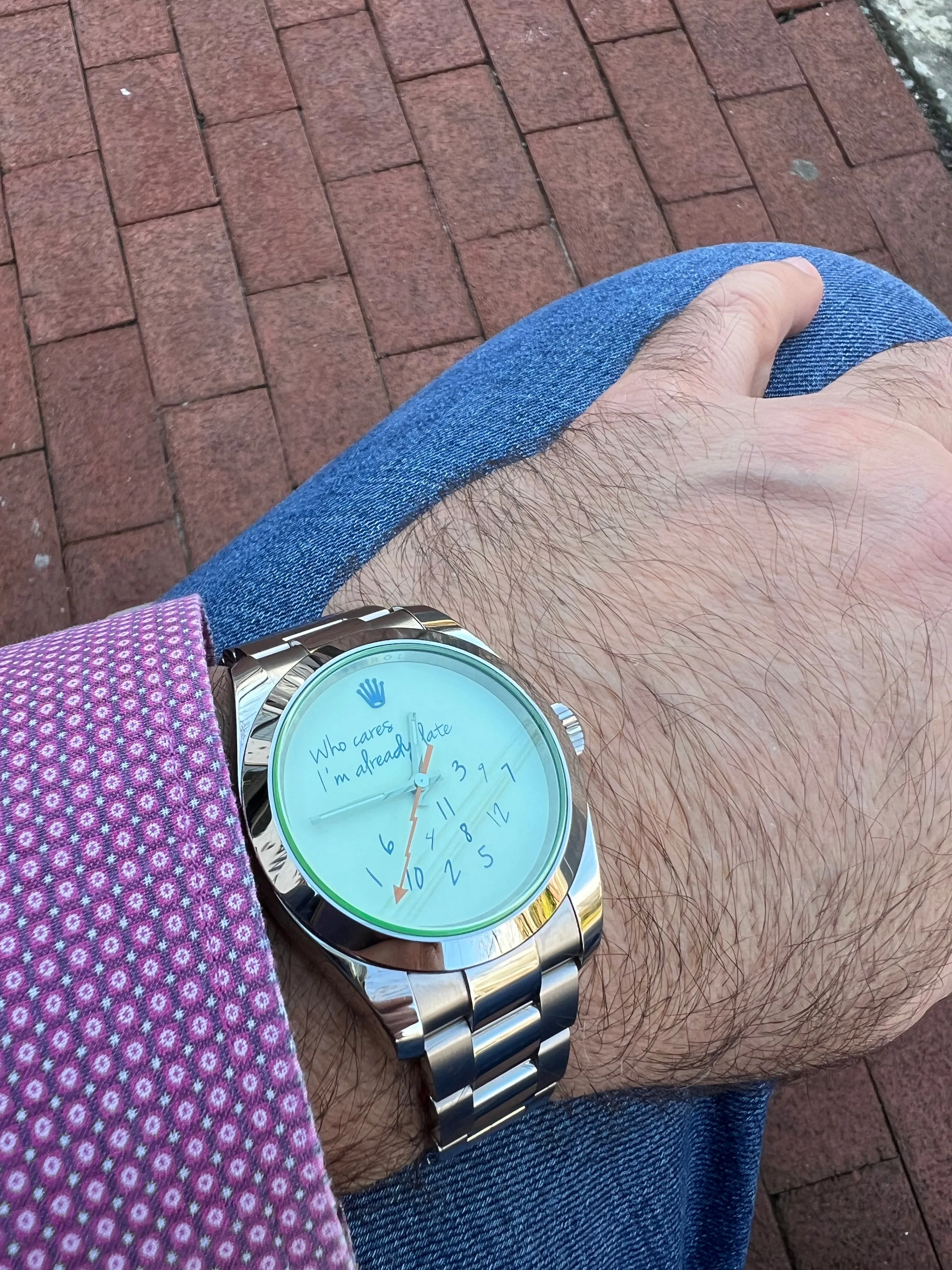 Exclusive 40mm Rolex Milgauss "Who cares I'm already late" custom dial blue font II