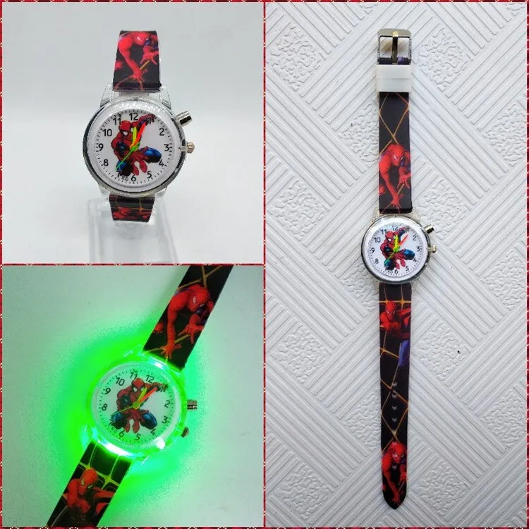 Flashing light Spiderman children watch high quality kids watches child luminous boys girls clock printing silicone belt table