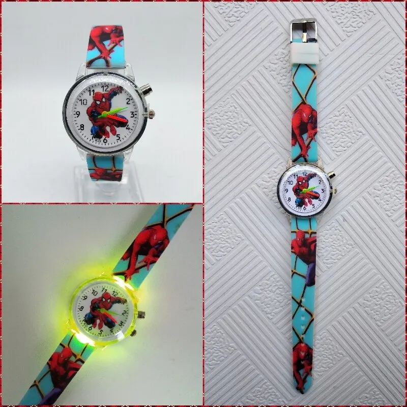 Flashing light Spiderman children watch high quality kids watches child luminous boys girls clock printing silicone belt table